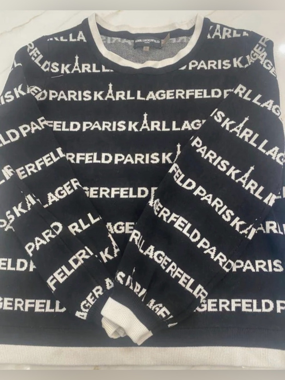 Karl Lagerfeld Paris Logo Knit Sweater Sz S B/W - Picture 2 of 8